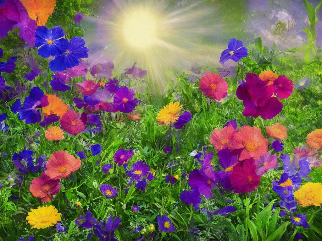 Image similar to sunlight study, the universe is a spheroid region 7 0 5 meters in diameter of kauai wildflowers, art nouveau, by rachel ruysch and ( ( ( ( ( lisa frank ) ) ) ) ), 8 k, sharp focus, octane render