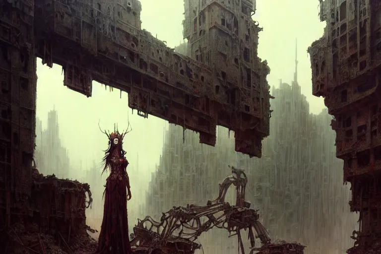 Prompt: a mech standing in a ruined city, fantasy, intricate, elegant, dramatic lighting, highly detailed, lifelike, photorealistic, digital painting, artstation, concept art, smooth, sharp focus, illustration, art by Beksinski and John Collier and Albert Aublet and Krenz Cushart and Artem Demura and Alphonse Mucha