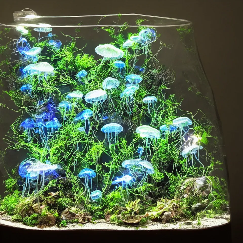 Image similar to a terrarium of bioluminescent mushrooms like jellyfish with veins