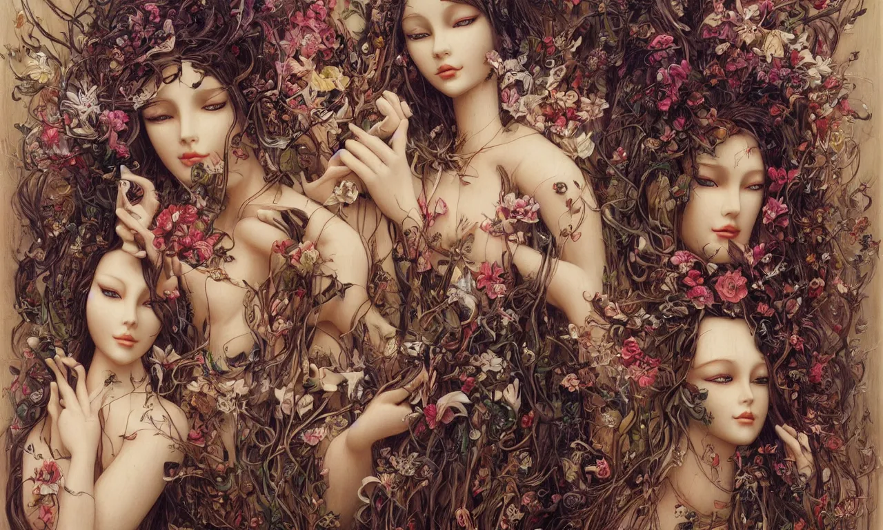 Prompt: a portrait of a beautiful female mannequin, a jointed wooden art doll with long flowing hair, holding each other, big lilies, big moths, lily flowers, by Karol Bak, by Greg Hidebrandt, by Ayami Kojima, by Amano, by Mark Brooks