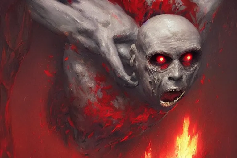 Prompt: painting by greg rutkowski of a flying crying!! human head and face that is chalk white in color, with tentacles coming of the neck, fiery!! red eyes, flying in a terrying hell like cavernous place