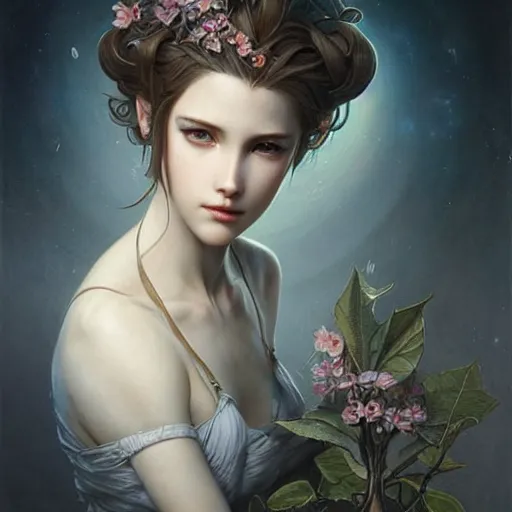 Image similar to aerith gainsborough, intricate, elegant, highly detailed, smooth, sharp focus, award - winning, masterpiece, in the style of tom bagshaw, cedric peyravernay, peter mohrbacher, pinterest