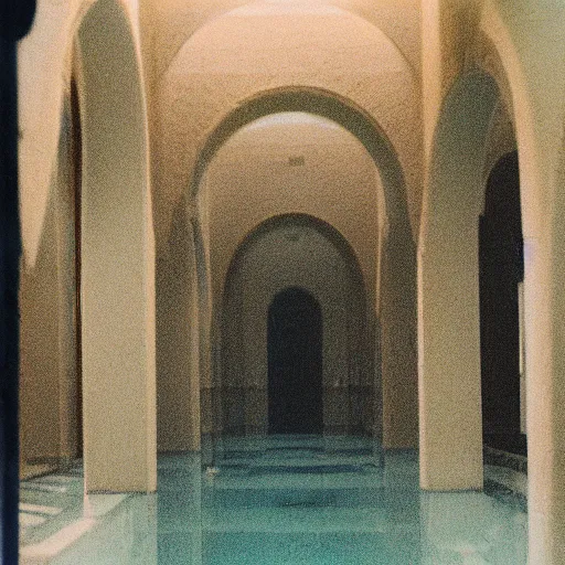 Prompt: Beautiful Fuzzy Polaroid Photograph of an tiled infinite foggy liminal pool hallway with archways and water on the floor