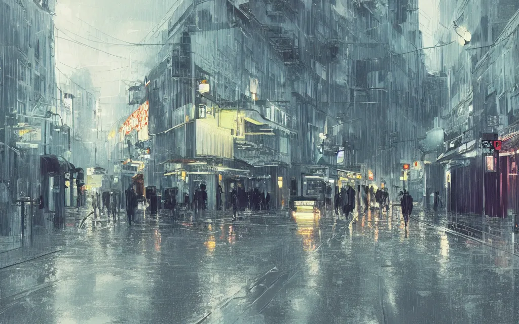 Image similar to concept art, wet helsinki street at night by roger deakins, in the style of syd mead and liam wong