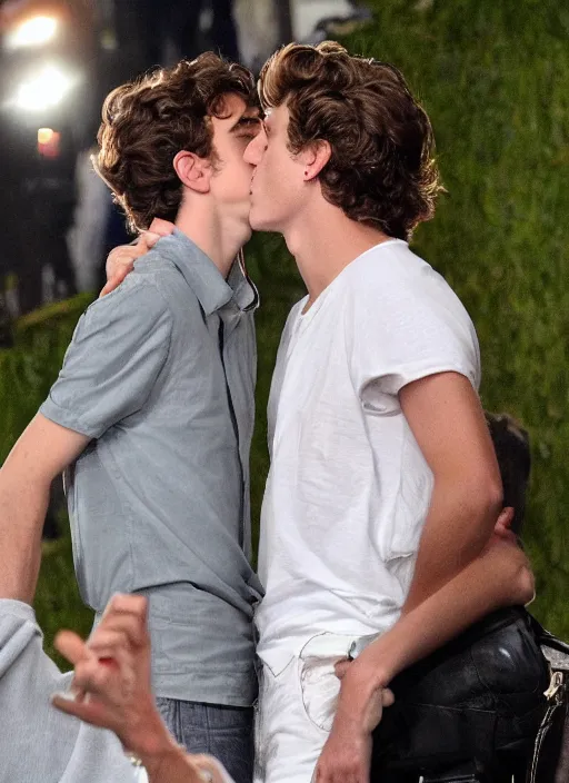 Image similar to photo of Timothee Chalamet kissing boyfriend Armie Hammer
