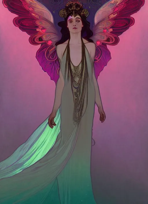 Image similar to ombre velvet gown, alphonse mucha, beautiful elegant woman with glowing wings, portrait, neon outline, long hair, tiara, dozens of jeweled necklaces, by greg rutkowski, brom, anato finnstark