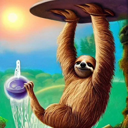 Image similar to a fantasy artwork of a sloth having a bubble bath