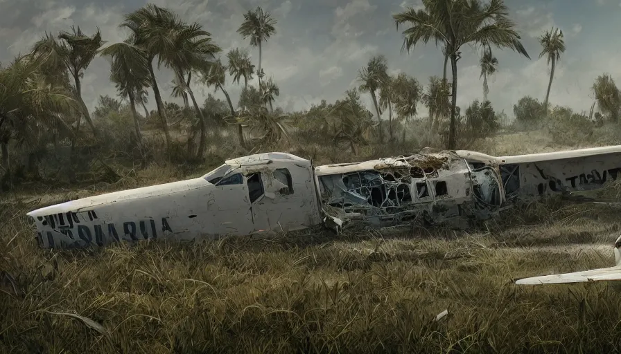 Prompt: Dusty abandoned airport covered by vegetation with a plane crashing on it, hyperdetailed, artstation, cgsociety, 8k