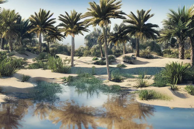 Image similar to oasis in the middle of a desert, dramatic, small pond middle frame, palm trees, bushes, mid day, sand dune background, large scale, hyperrealistic, lots of detail, realistic lighting, octane render, by wlop, artgerm, trending on artstation