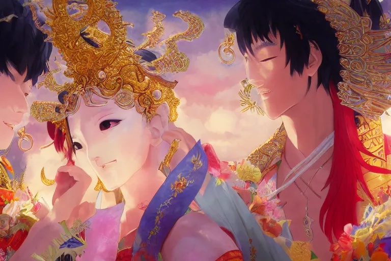 Image similar to close up moment of a divine a japan sun god and a moon goddess lovers magician at a wedding banquet, highly detailed, genshin, fantasy, 4 k realistic, digital painting, trending on artstation, concept art, sharp focus, illustration, art by makoto shinkai and akihiko yoshida and daniel gerhartz