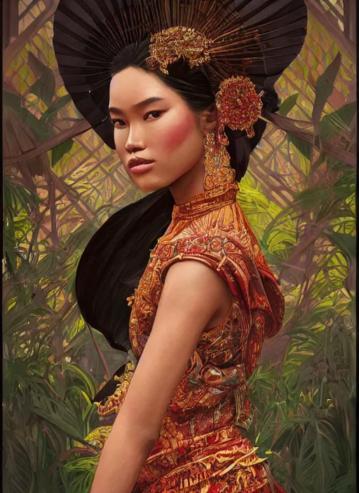 Prompt: portrait of an indonesian supermodels wearing traditional costume, highly detailed, digital painting, artstation, concept art, sharp focus, illustration, art by kittichai rueangchaichan and james gurney and alphonse mucha