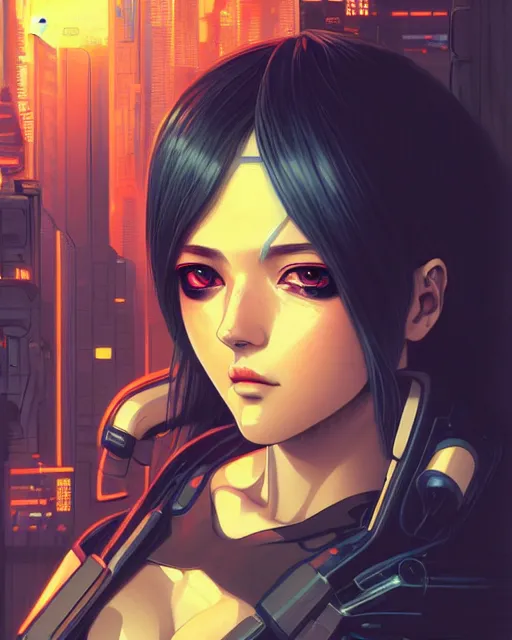 Image similar to a comic potrait of a cyberpunk cyborg girl with big and cute eyes, fine - face, realistic shaded perfect face, fine details. night setting. very anime style. realistic shaded lighting poster by ilya kuvshinov katsuhiro, magali villeneuve, artgerm, jeremy lipkin and michael garmash, rob rey and kentaro miura style, trending on art station