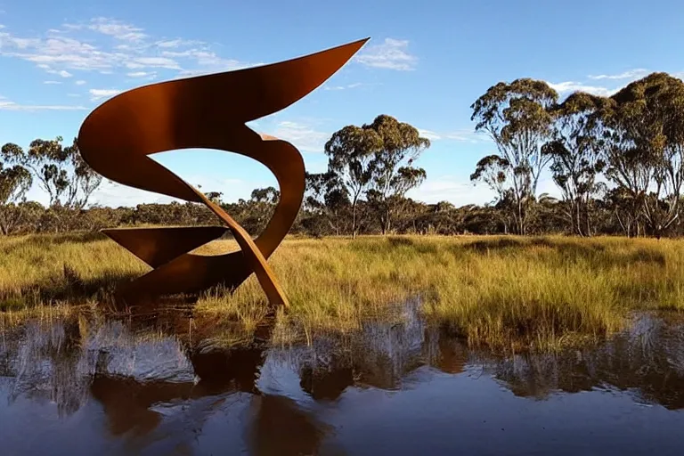 Prompt: “dramatic award-winning corten steel sculpture in an Australian wetlands”