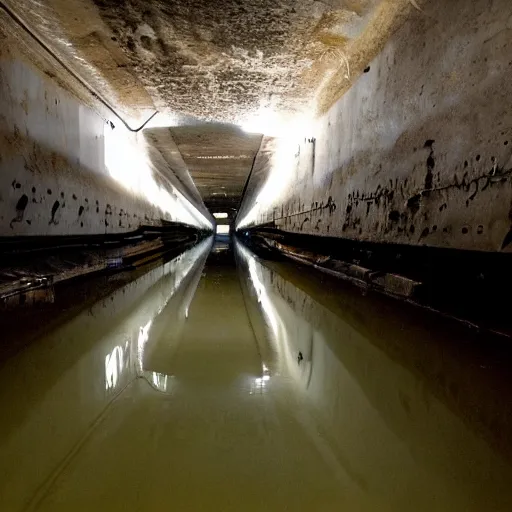 Image similar to a partially flooded tunnel that has machinery and pipes along the walls, dark, scary, horror, eerie, submechanophobia,