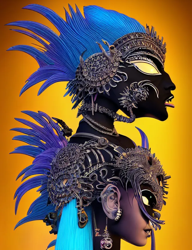 Image similar to 3 d goddess close - up profile portrait punk with mohawk with ram skull. beautiful intricately detailed japanese crow kitsune mask and clasical japanese kimono. betta fish, jellyfish phoenix, bio luminescent, plasma, ice, water, wind, creature, artwork by tooth wu and wlop and beeple and greg rutkowski