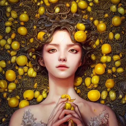 Image similar to the portrait of an absurdly beautiful, graceful, elegant, sophisticated, young idol made up of lemons, an ultrafine hyperdetailed illustration by kim jung gi, irakli nadar, intricate linework, bright colors, octopath traveler, final fantasy, unreal engine 5 highly rendered, global illumination, radiant light, detailed and intricate environment