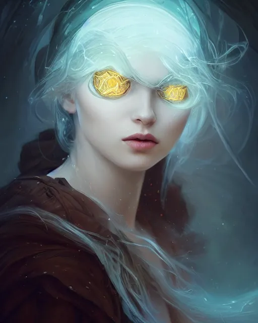 Prompt: alexey kurylev's photography, luminous ghost, mysterious, gentle, wonderful eyes, deep focus, d & d, fantasy, complex, elegant, highly detailed, digital painting, artstation, concept art, matte, clear focus, illustration, hearthstone, artgerm art, greg rutkovsky and alphonse mucha