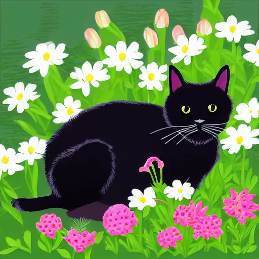 Image similar to a fat black cat with white whiskers sitting in a flower bed digital art