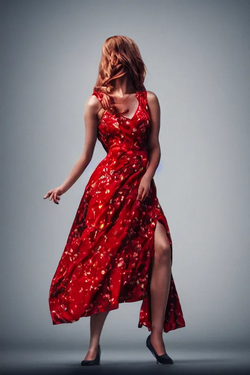 Image similar to full body portrait of a female, red floral dress, cinematic lighting, long hair, highly detailed, 4 k,