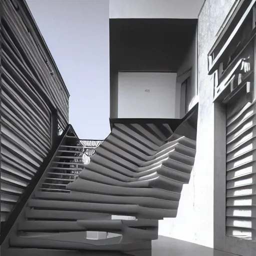 Prompt: postmodern house with mc escher like stairs, realistic award - winning architecture photograph