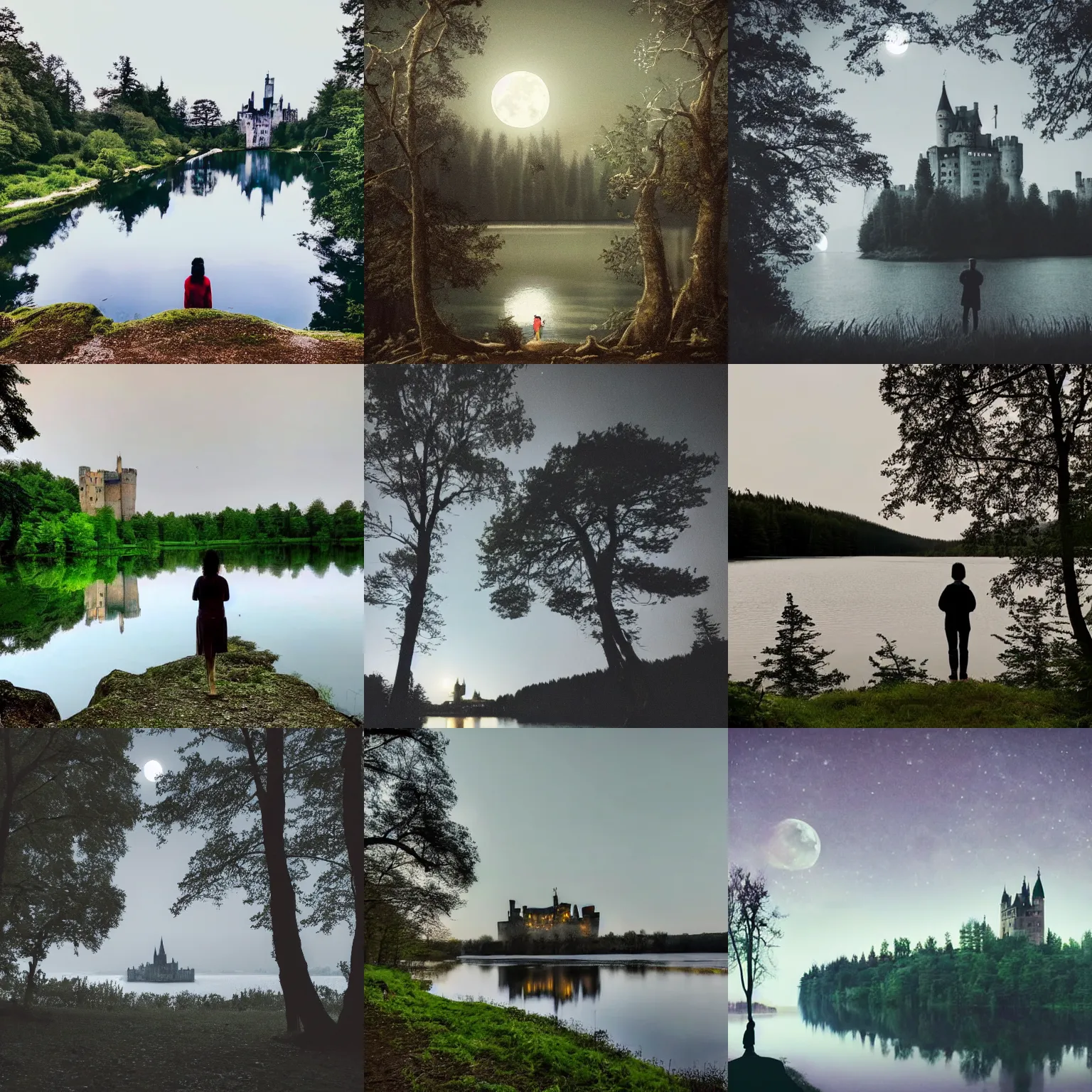 Prompt: A moonlit forest, a river running through it, and a lake in the distance, with a castle at its center, and a single, solitary figure standing in the middle of it all who is gazing out at the world