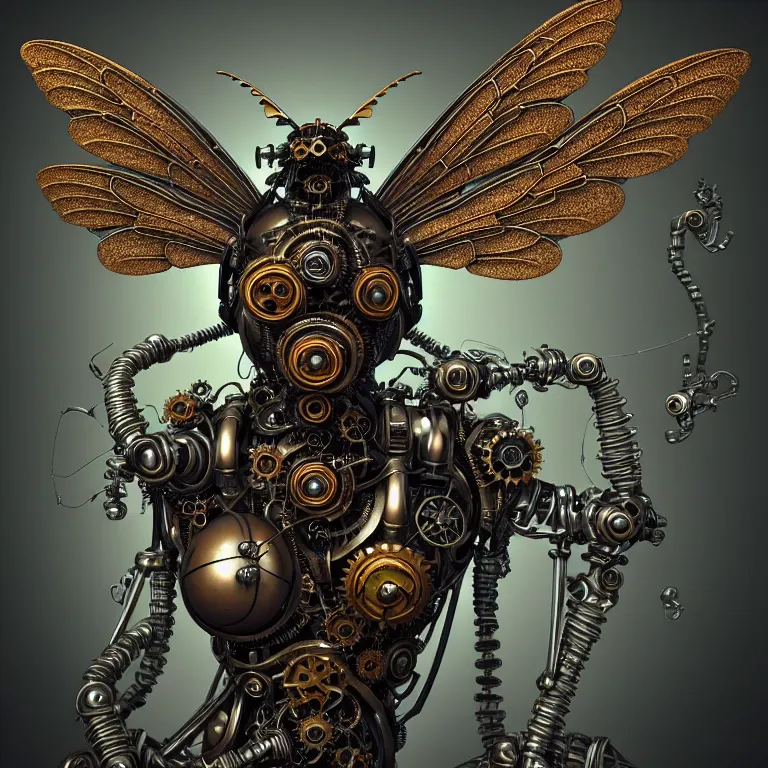 Image similar to steampunk cybernetic biomechanical bee with wings, 3 d model, very coherent symmetrical artwork, unreal engine realistic render, 8 k, micro detail, intricate, elegant, highly detailed, centered, digital painting, artstation, smooth, sharp focus, illustration, artgerm, tomasz alen kopera, wlop