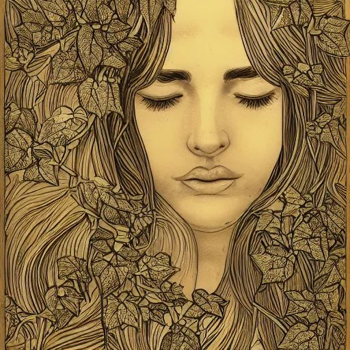 Image similar to Copper engraving of a calm and appeased woman, closing eyes, ivy creeping around her face, artstation, intricate, 8k, award-winning