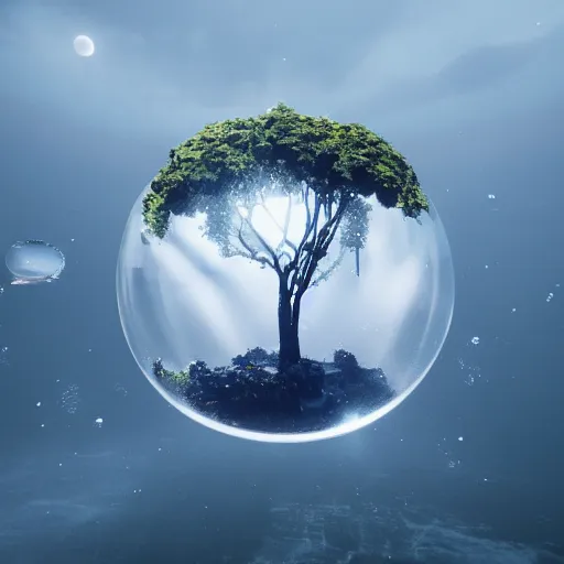 Prompt: one giant water bubble carrying the tree of live, fantasy, LOTR of style, unreal engine, 8K