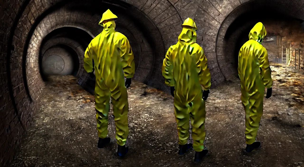 Image similar to a single man in hi viz hazmat suit wanders around a crumbling victorian london sewer, stunning render, high octane, 3 d, cinematic lighting