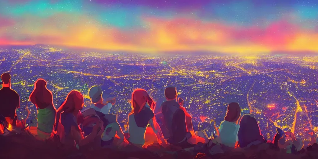 Prompt: people sitting on a hill watching fireworks over los angeles, artstation, vivid colors, detailed