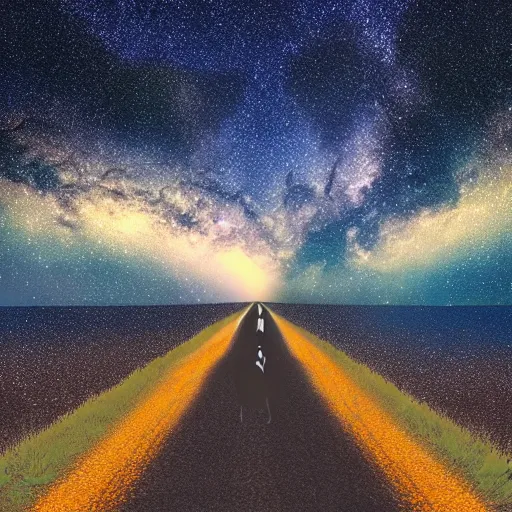 Image similar to a duck, walking on the road, looking up at the sky, milky way, starry sky, art station trend, close - up view