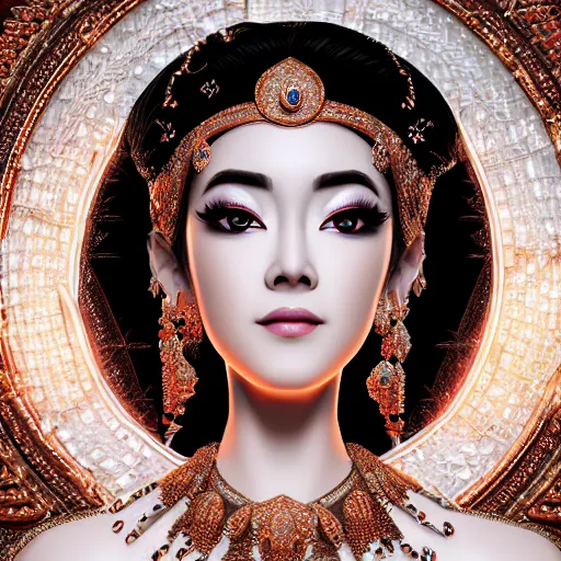 Image similar to portrait of wonderful asian princess of white diamond with fair skin, ornate with white diamonds, 8 k, gorgeous, intricate, detailed, glowing white accent lighting, dramatic lighting, octane render