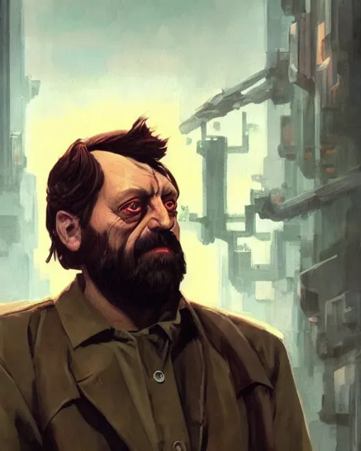 Prompt: zizek as a cyborg. 1 9 8 0 s dystopian soviet russia, propaganda screens. unreal engine, fantasy art by jesper ejsing. faithfully depicted facial expression, perfect anatomy global illumination, radiant light, detailed and intricate environment