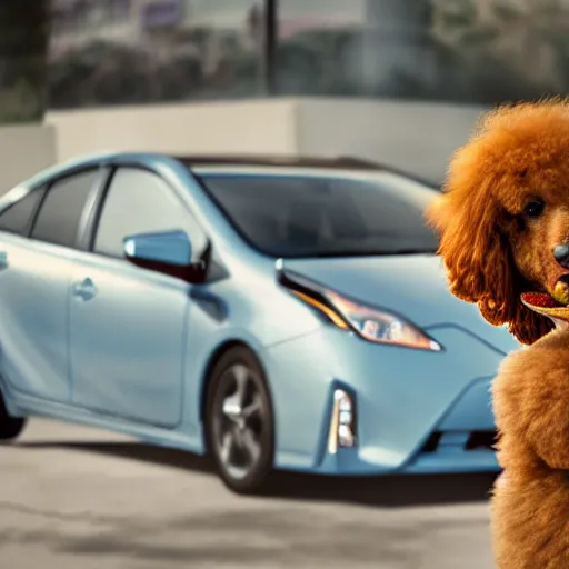 Prompt: a closeup photorealistic photograph of a poodle eating from a jar of mustard. toyota prius is in the background. professional capture. brightly lit scene. this 4 k hd image is trending on artstation, featured on behance, well - rendered, extra crisp, features intricate detail, epic composition and the style of unreal engine.