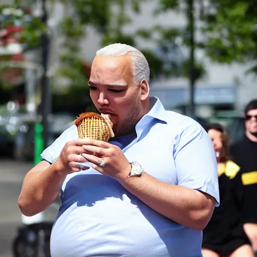 Image similar to an award winning photo of extremely fat joe Biden eating an ice cream cone, he’s wearing a diaper