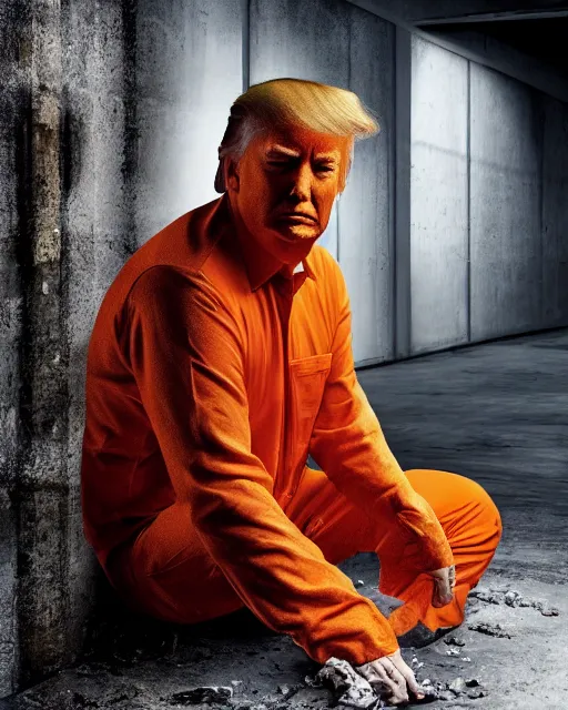 Image similar to a head and shoulders portrait of Donald trump wearing a orange jumpsuit, sitting on the floor of a filthy rat infested concrete jail, dimly lit, volumetric lighting, in jail by craig mullins and Annie Leibowitz, octane, 8k,