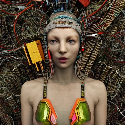 Image similar to give me a higher love, piles of modular synth cables, goddess swimming up wearing a headpiece made of circuit boards, by cameron gray, wlop, stanley kubrick, masamune, hideki anno, jamie hewlett, unique perspective, trending on artstation, 3 d render, vivid