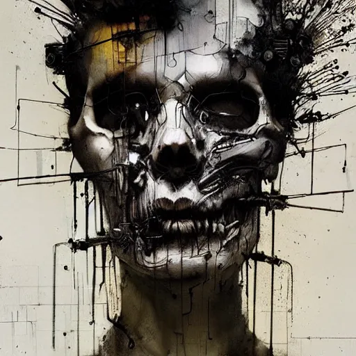 Image similar to skulls wires skin cyberpunk by emil melmoth zdzislaw belsinki craig mullins yoji shinkawa realistic render ominous detailed photo atmospheric by jeremy mann francis bacon and agnes cecile ink drips paint smears digital glitches glitchart