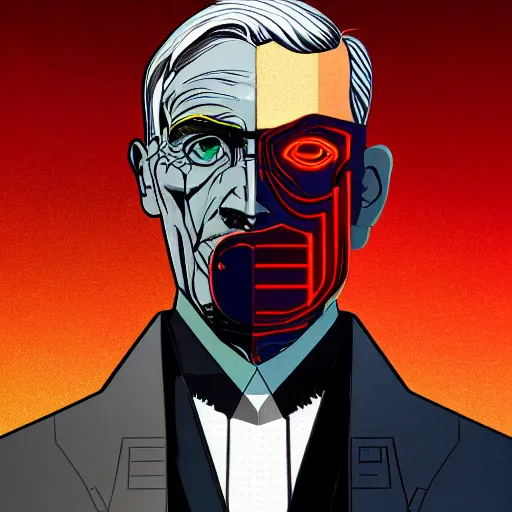 Image similar to cyberpunk neville chamberlain as the leader of a futuristic communist nation, cybernetics, sharp lines, digital, artstation, colored in