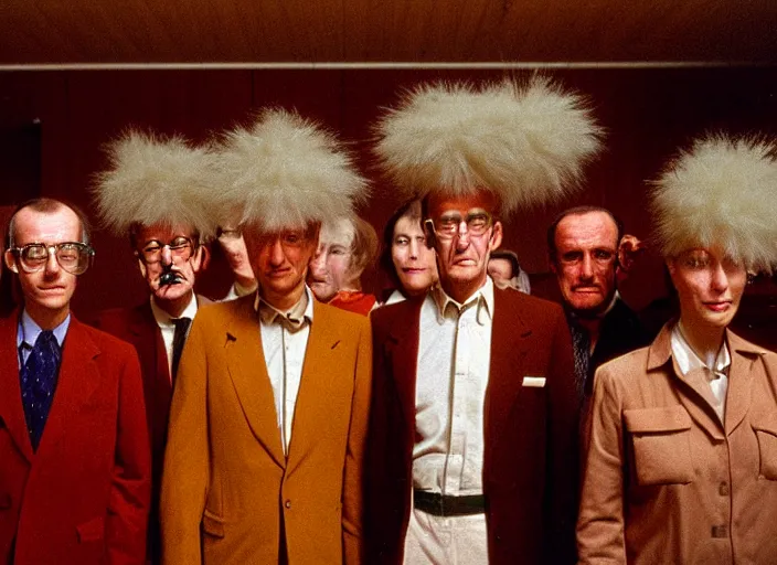 Image similar to realistic photo portrait of the team, brown mustard cotton fluffy carnival costumes, pigeon head face portrait, wooden polished and fancy expensive wooden science laboratory hall interior with plants 1 9 9 0, life magazine reportage photo, david lynch, michelangelo antonioni, red desert, twin peaks