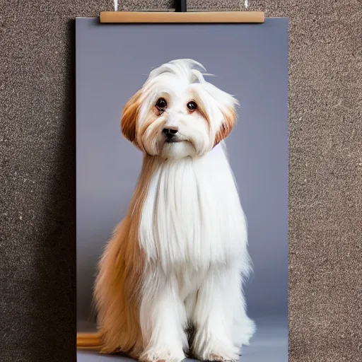Image similar to a cream - colored havanese dog in a long dress posing for a picture, a poster by mark english, unsplash contest winner, private press, dynamic pose, full body, high resolution
