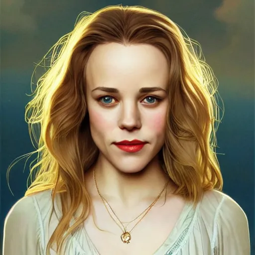 Image similar to Young blonde Rachel McAdams with thin lips, highly detailed, digital painting, artstation, concept art, smooth, sharp focus, illustration, ArtStation, art by artgerm and greg rutkowski and alphonse mucha and J. C. Leyendecker and Edmund Blair Leighton and Katsuhiro Otomo and Geof Darrow and Phil hale and Ashley wood and Ilya repin and Charlie Bowater