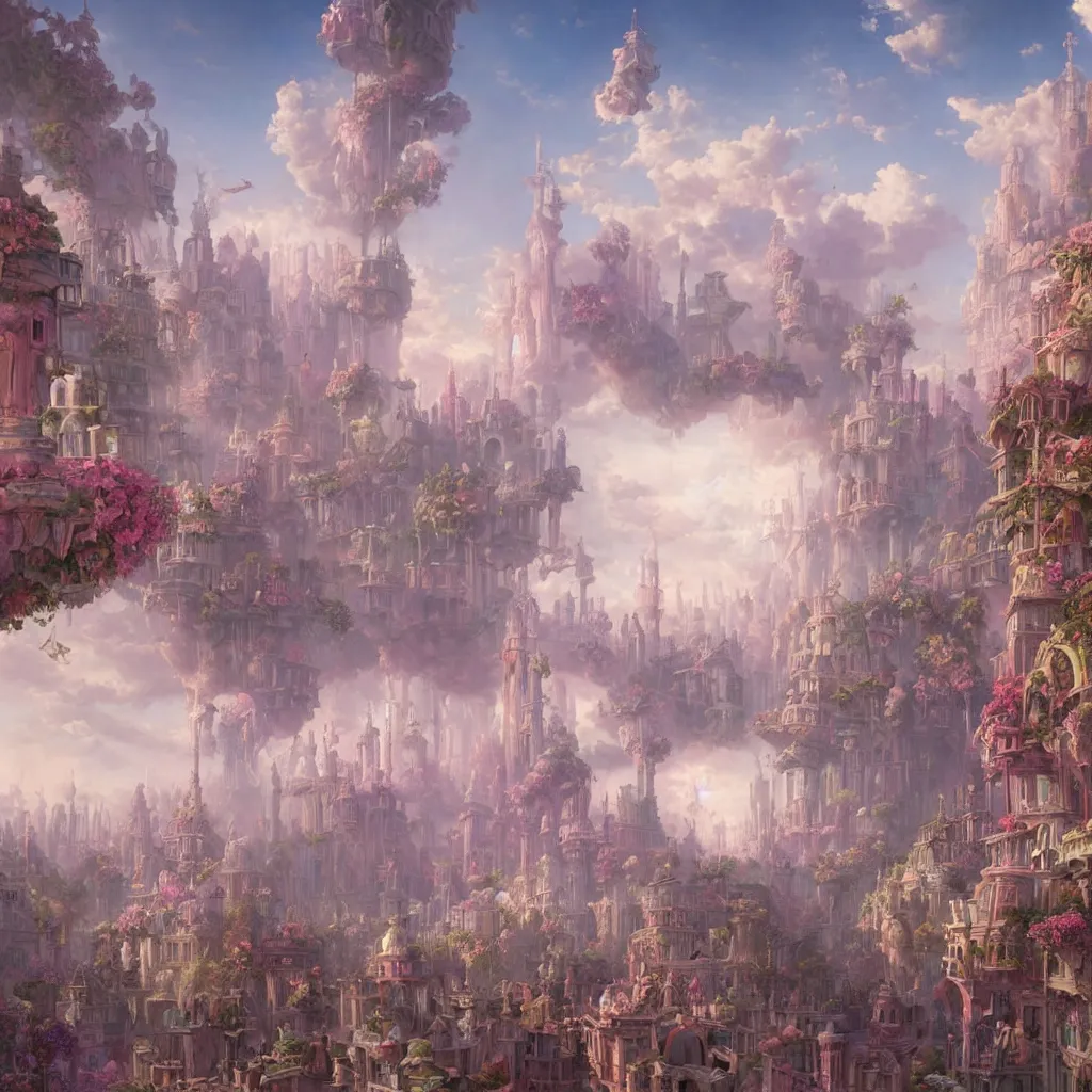 Prompt: a beautiful render of pink and white city in the air, by hubert robert, daniel merriam, roger dean and jacek yerka, alex grey style, soft lighting,