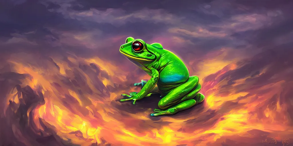Prompt: anthropomorphic mutant ninja frog 🐸, [ style ] [ oil painting ] [ palate ] [ vibrant gothic colors ], vibrant neon nebulous clouds, radiant light rays, photorealistic painting, intricate and fine details, volumetric lighting, artstation,