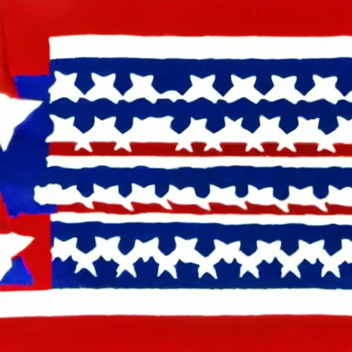 Image similar to a flag with red and white stripes and a blue square with lots of white stars inside of it