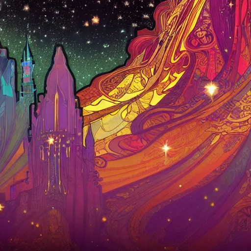 Image similar to a beautiful highly detailed digital art of colorful castle nebulas by, moebius, alphonse mucha, stars in the background, highly detailed, intricate design, cinematic view, 8 k resolution, trending on artstation