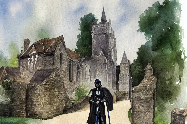 Prompt: a watercolor painting of darth vader leaving a medieval church in a quaint english village, landscape, trees