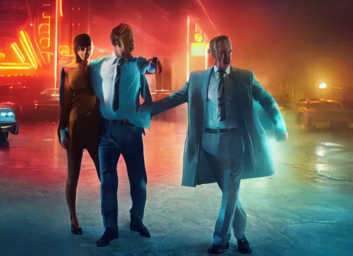 Image similar to a full shot, color cinema film still of saul goodman & katy perry in blade runner 2 0 4 9, cinematic lighting at night.