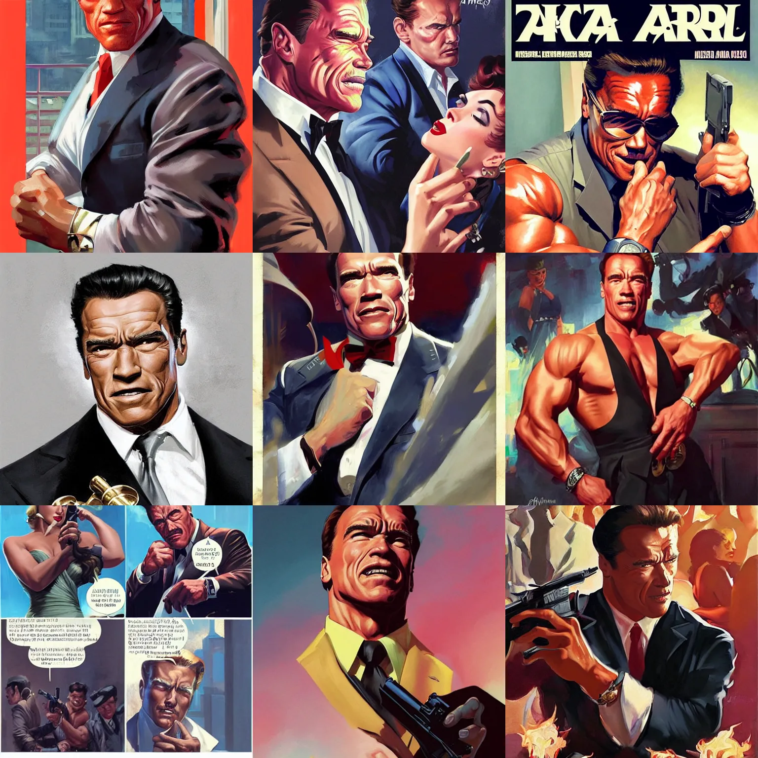 Prompt: Arnold Schwarzenegger is a mafia boss. art by Gil Elvgren and Fernanda Suarez and Greg Manchess and Sachin Teng