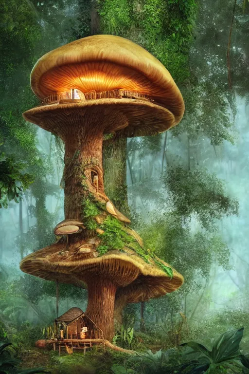 Prompt: a tree house in the jungle, big mushroom growing on tree trunk, by alba ballesta gonzalez and robbie trevino. 4 k wallpaper, digital 2 d, illustration. extremely detailed, cinematic lighting, smooth sharp focus.